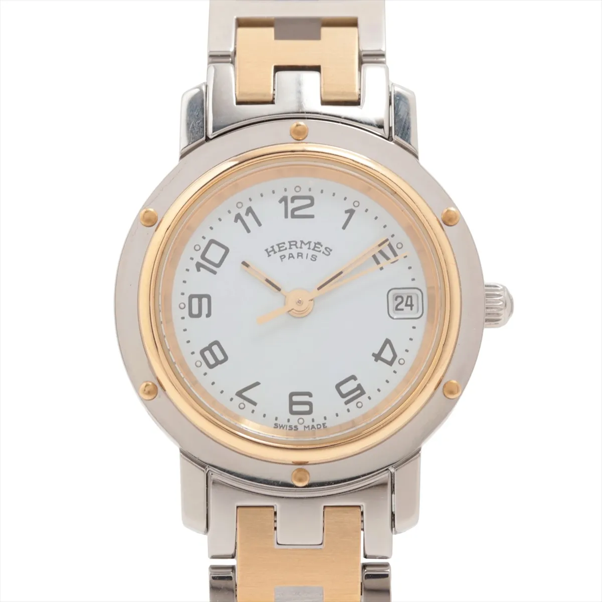 Small round two-tone watch with white dial, black numerals, date window and link bracelet.