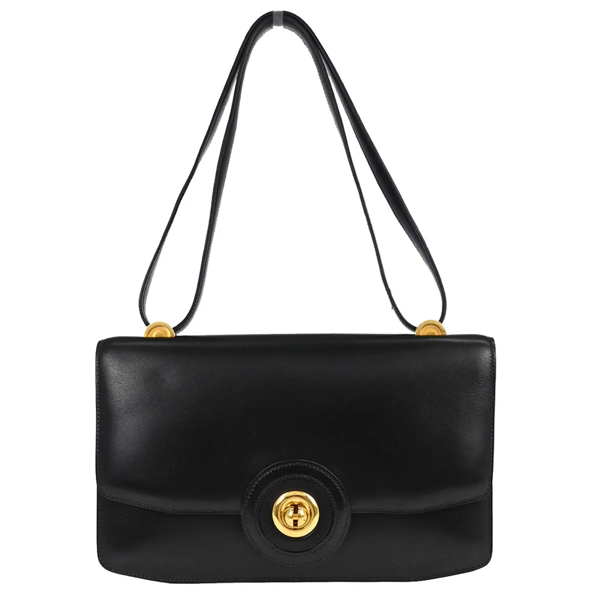 Black smooth leather shoulder bag with a flap front and a long strap
