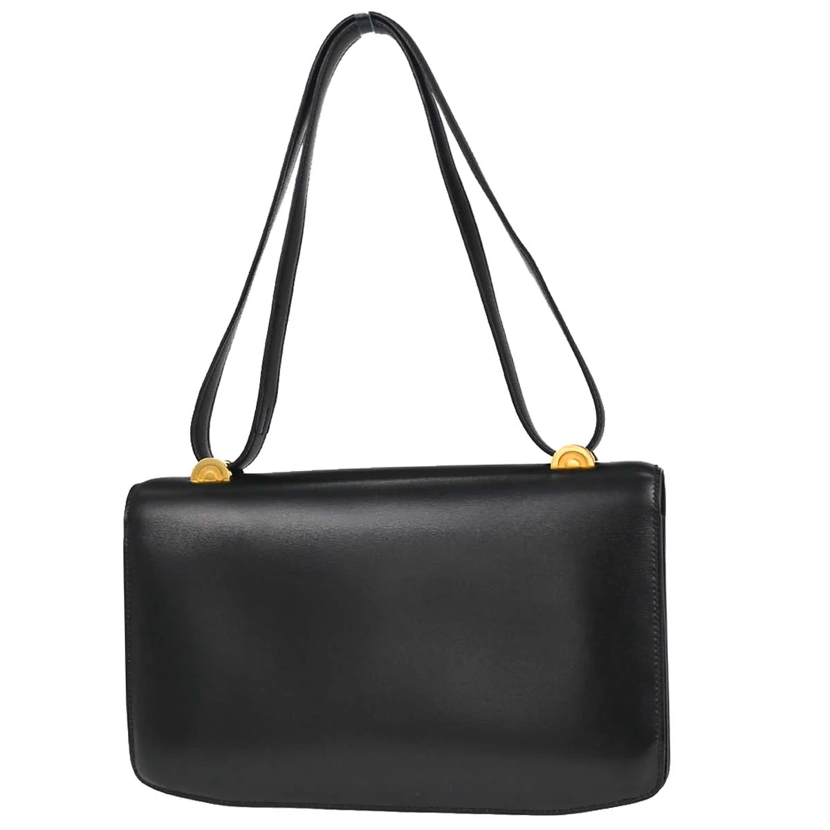 Black smooth leather shoulder bag with a flap front and a long strap