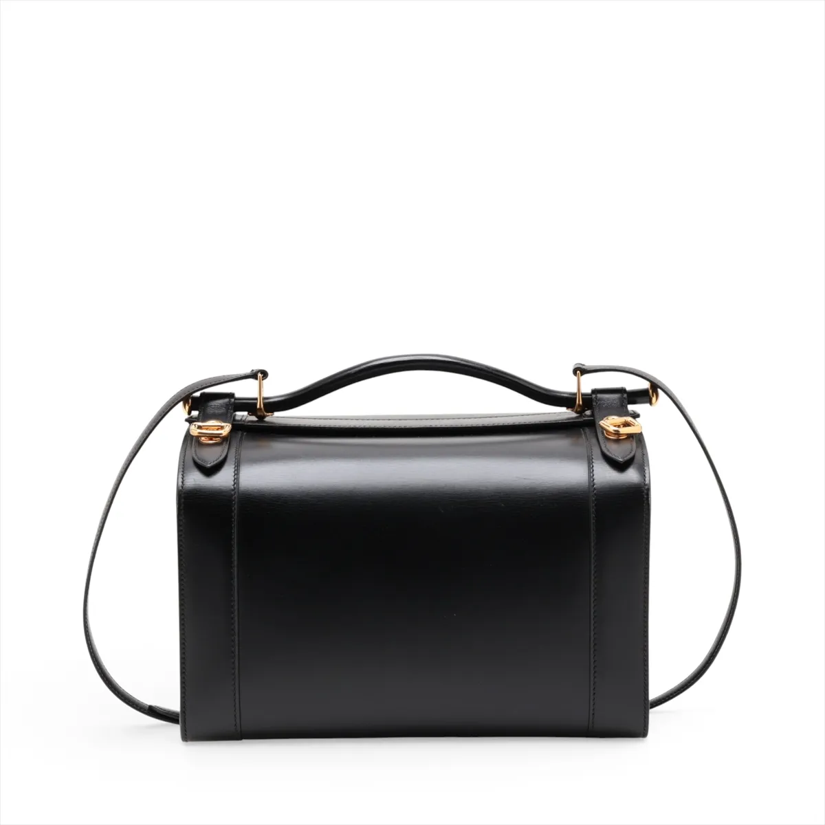 Black smooth leather bag with gold-tone fittings and a shoulder strap.