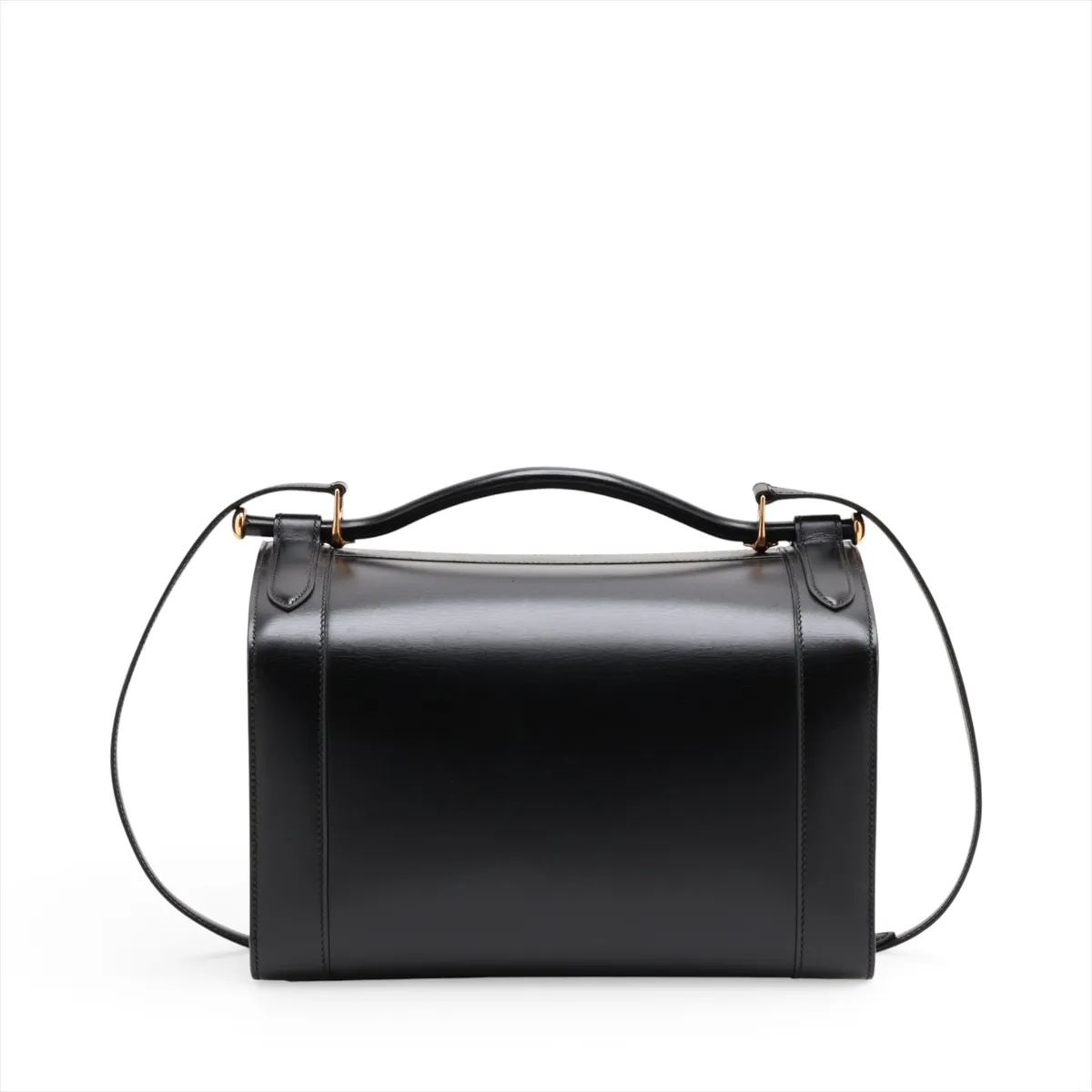 Black smooth leather bag with gold-tone fittings and a shoulder strap.
