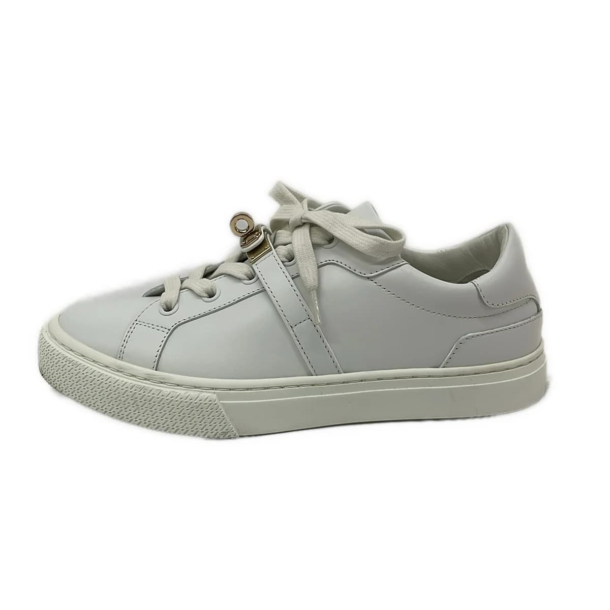 Pair of white low-top lace-up shoes shown from the side on a plain background.