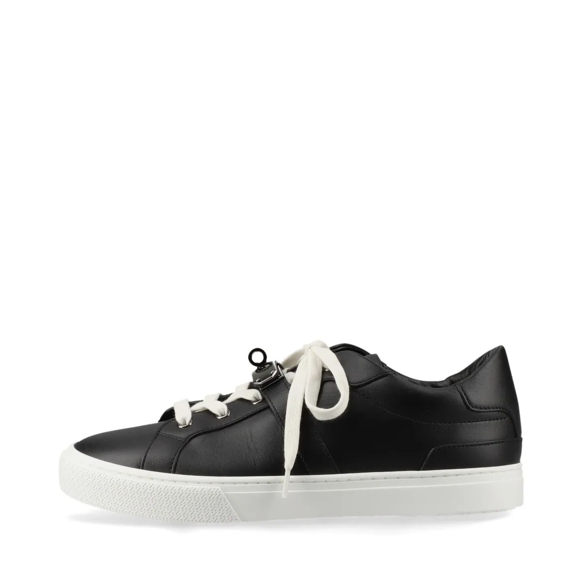 Black leather low-top sneakers with a metal turn-lock detail on the side.