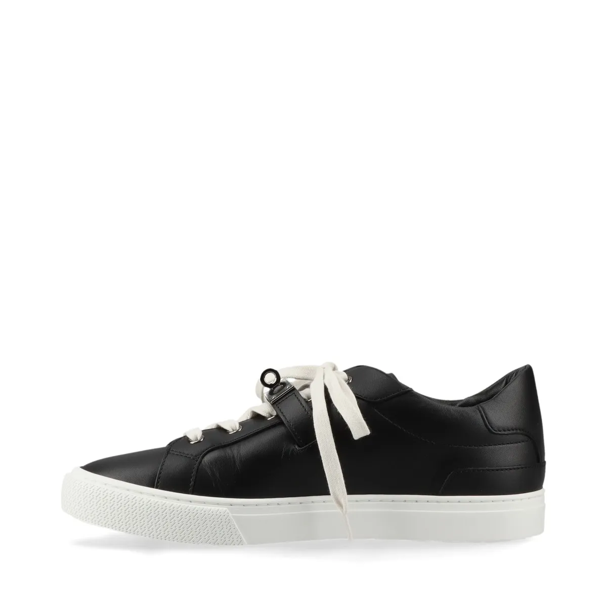 Black leather low-top sneakers with a metal turn-lock detail on the side.