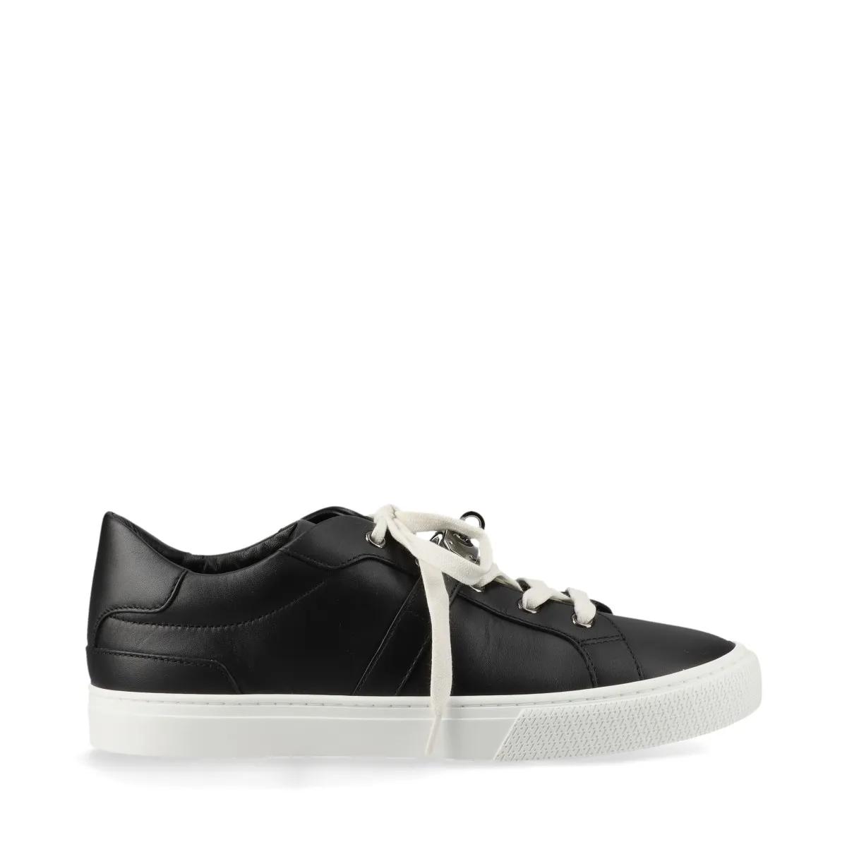 Black leather low-top sneakers with a metal turn-lock detail on the side.