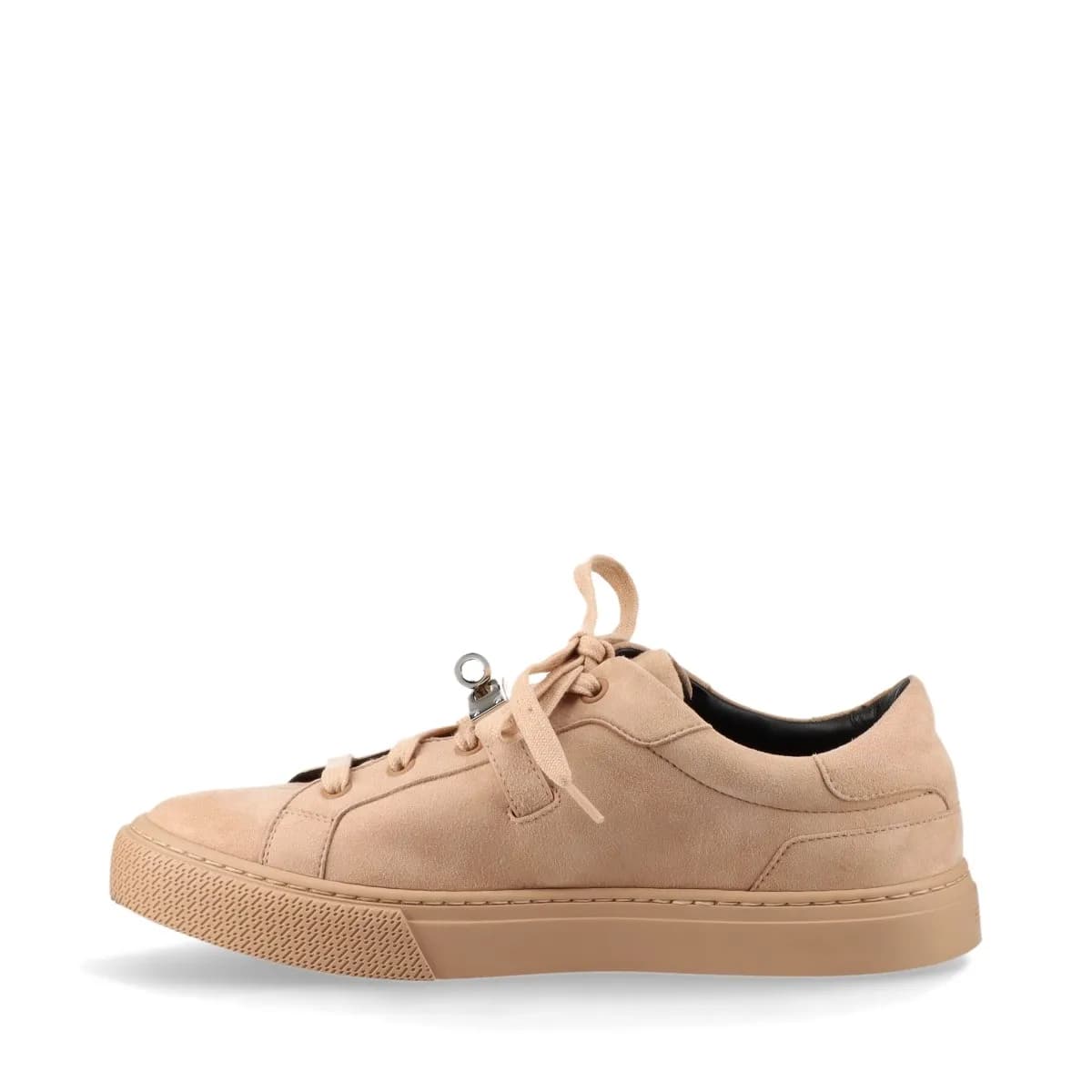 Light brown suede low-top trainers with a metal turn-lock detail at the side.