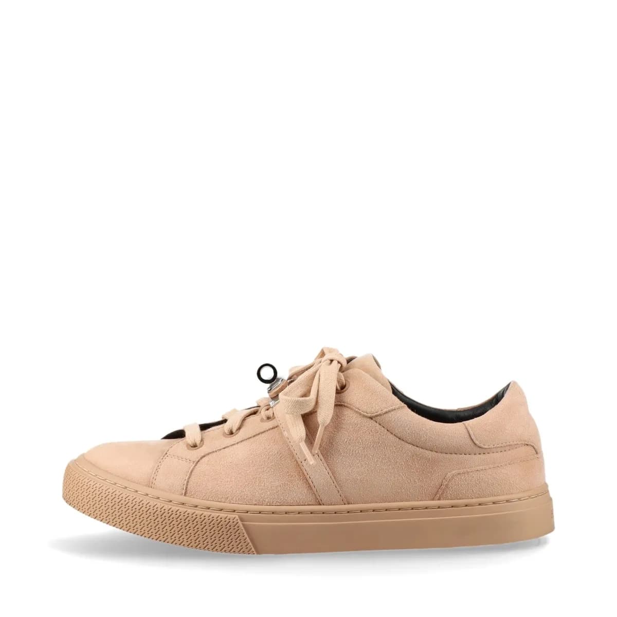 Light brown suede low-top trainers with a metal turn-lock detail at the side.