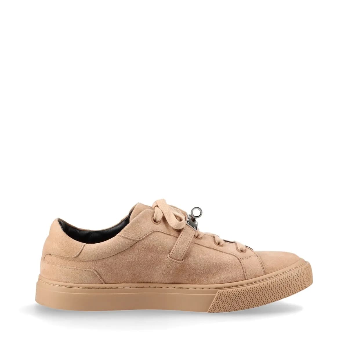 Light brown suede low-top trainers with a metal turn-lock detail at the side.