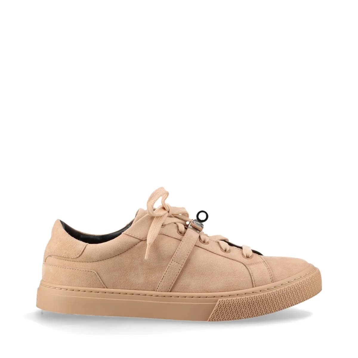 Light brown suede low-top trainers with a metal turn-lock detail at the side.