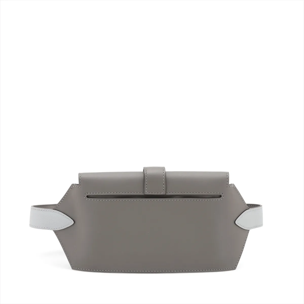 Two-tone grey and pale blue leather bag with a front flap pocket and silver fittings.