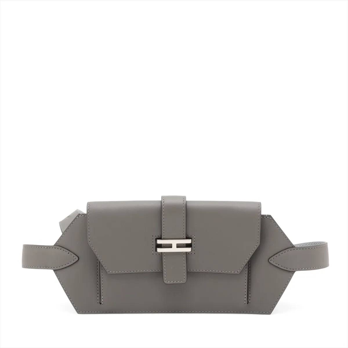 Two-tone grey and pale blue leather bag with a front flap pocket and silver fittings.
