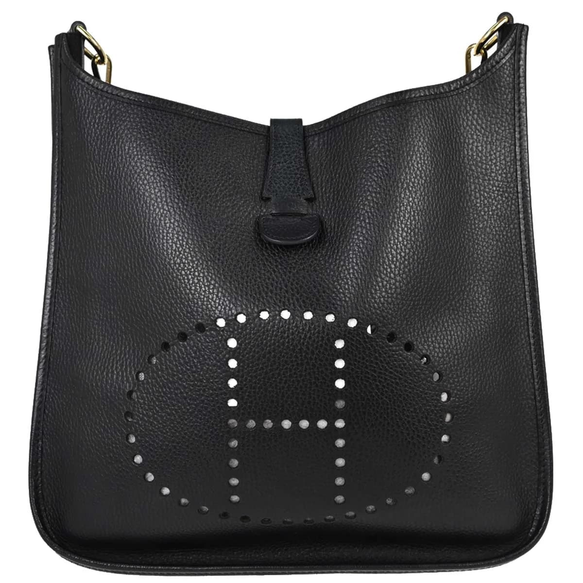 Black grained leather shoulder bag with a perforated H on the front and a long strap.