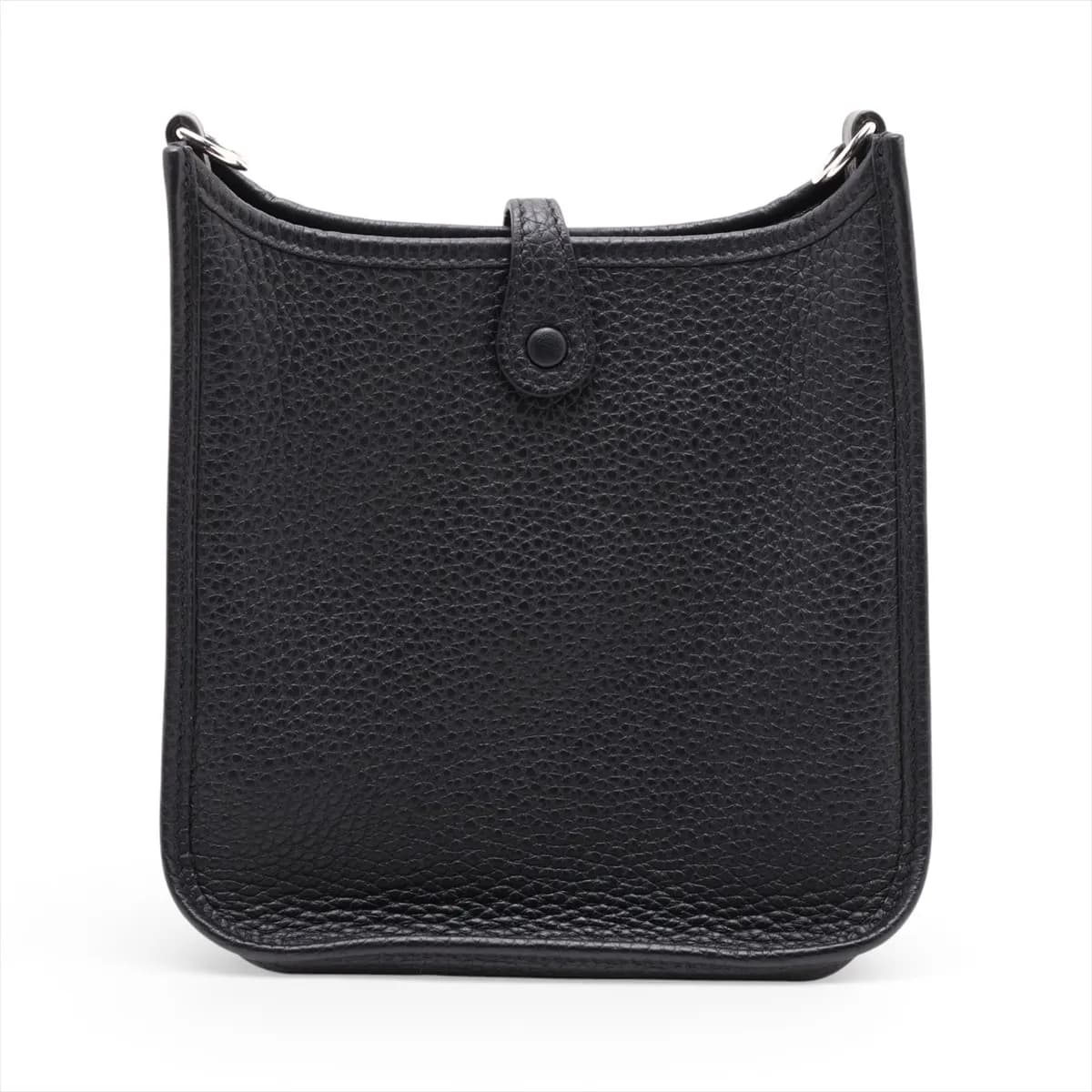Small pouch-style leather bag in black with perforated logo on the front panel and a flat adjustable strap.