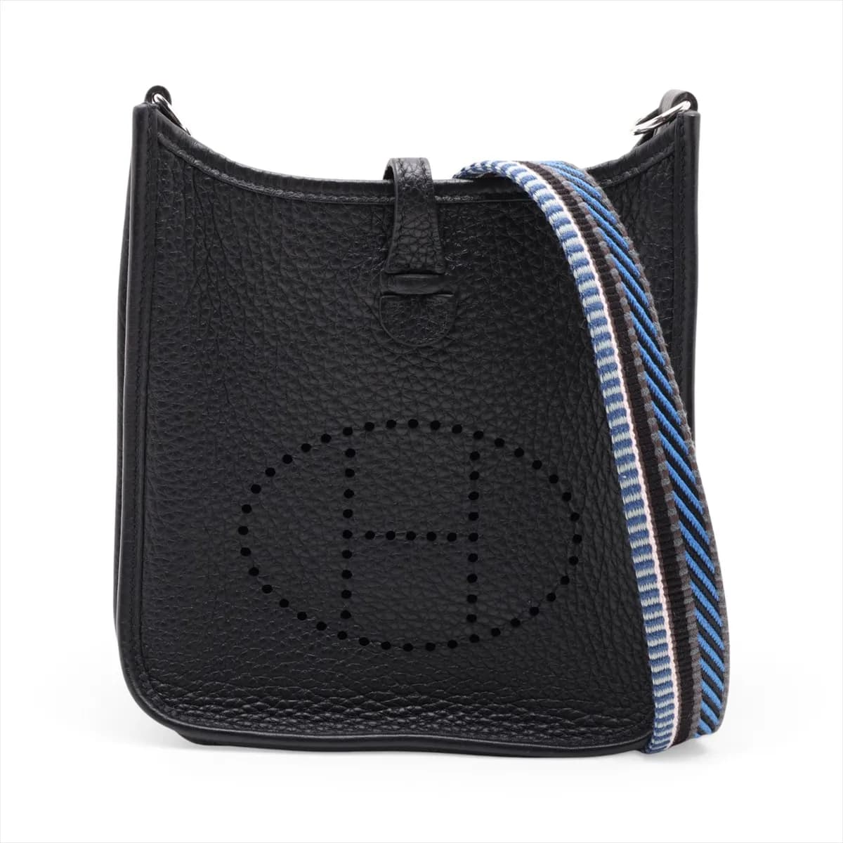 Small pouch-style leather bag in black with perforated logo on the front panel and a flat adjustable strap.