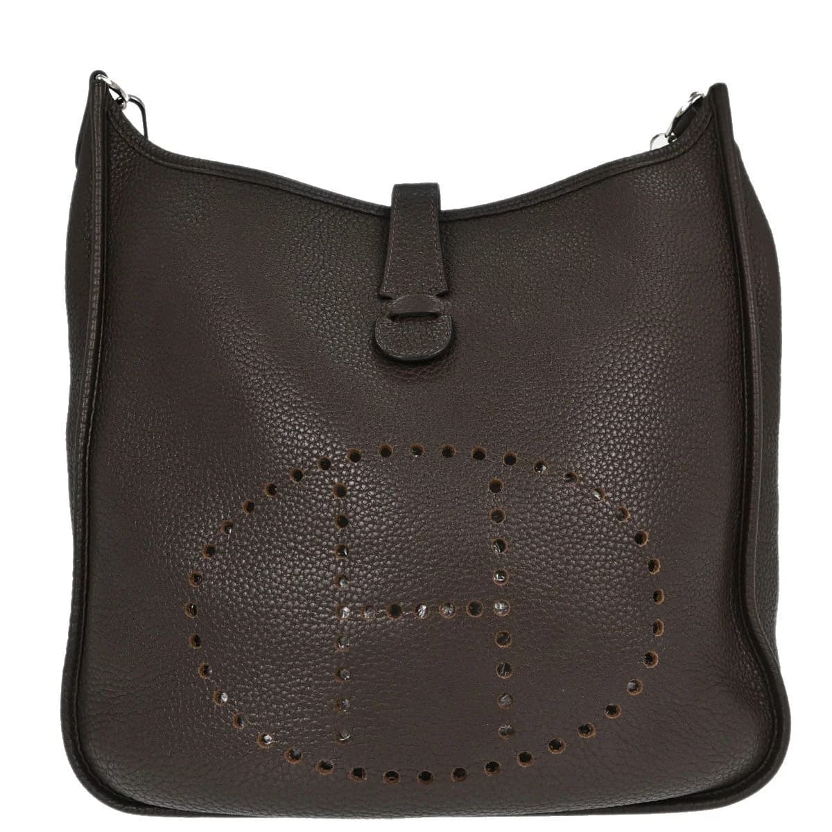 Brown leather shoulder bag with perforated logo front panel and long flat strap.