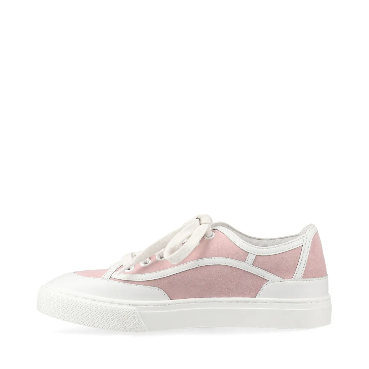 Pair of low-top sneakers in pink and white leather and suede