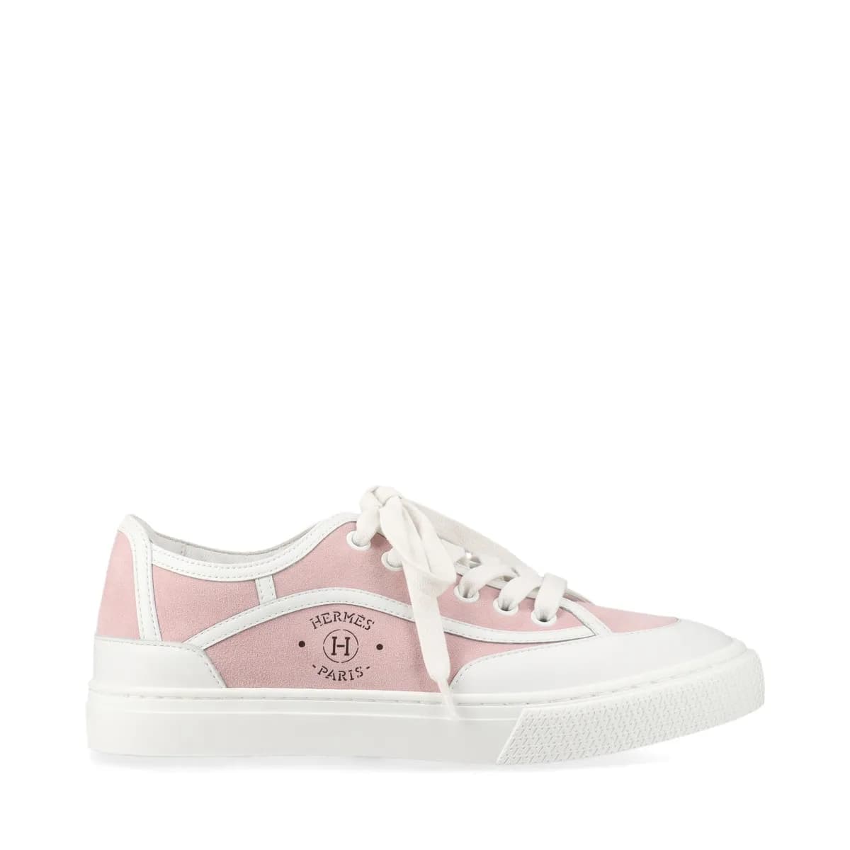 Pair of low-top sneakers in pink and white leather and suede