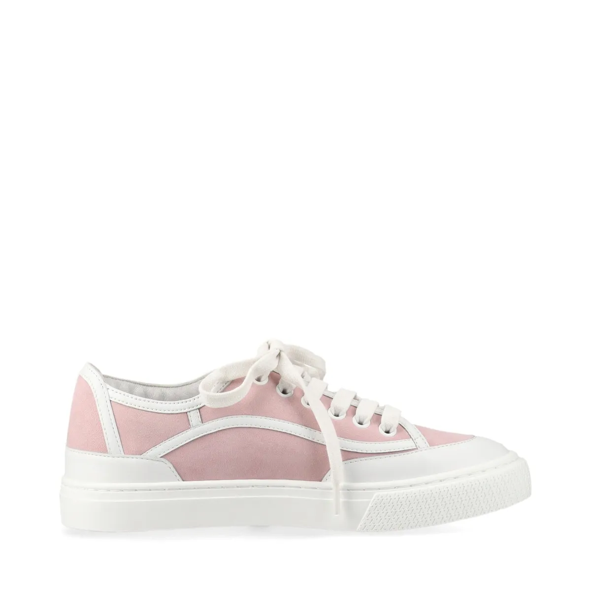 Pair of low-top sneakers in pink and white leather and suede