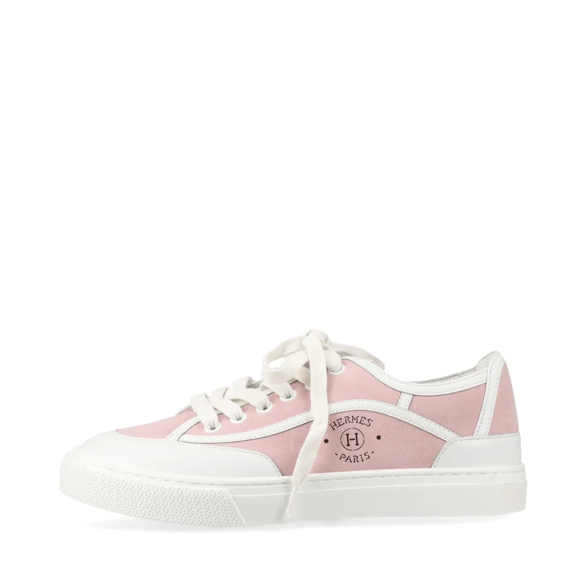 Pair of low-top sneakers in pink and white leather and suede