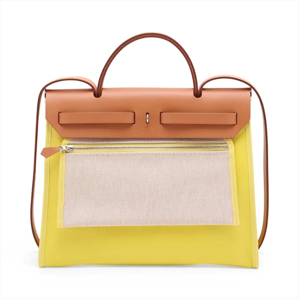 Lime green canvas bag with natural leather trim and silver-tone closure.