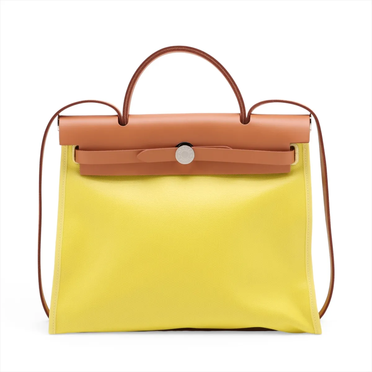 Lime green canvas bag with natural leather trim and silver-tone closure.