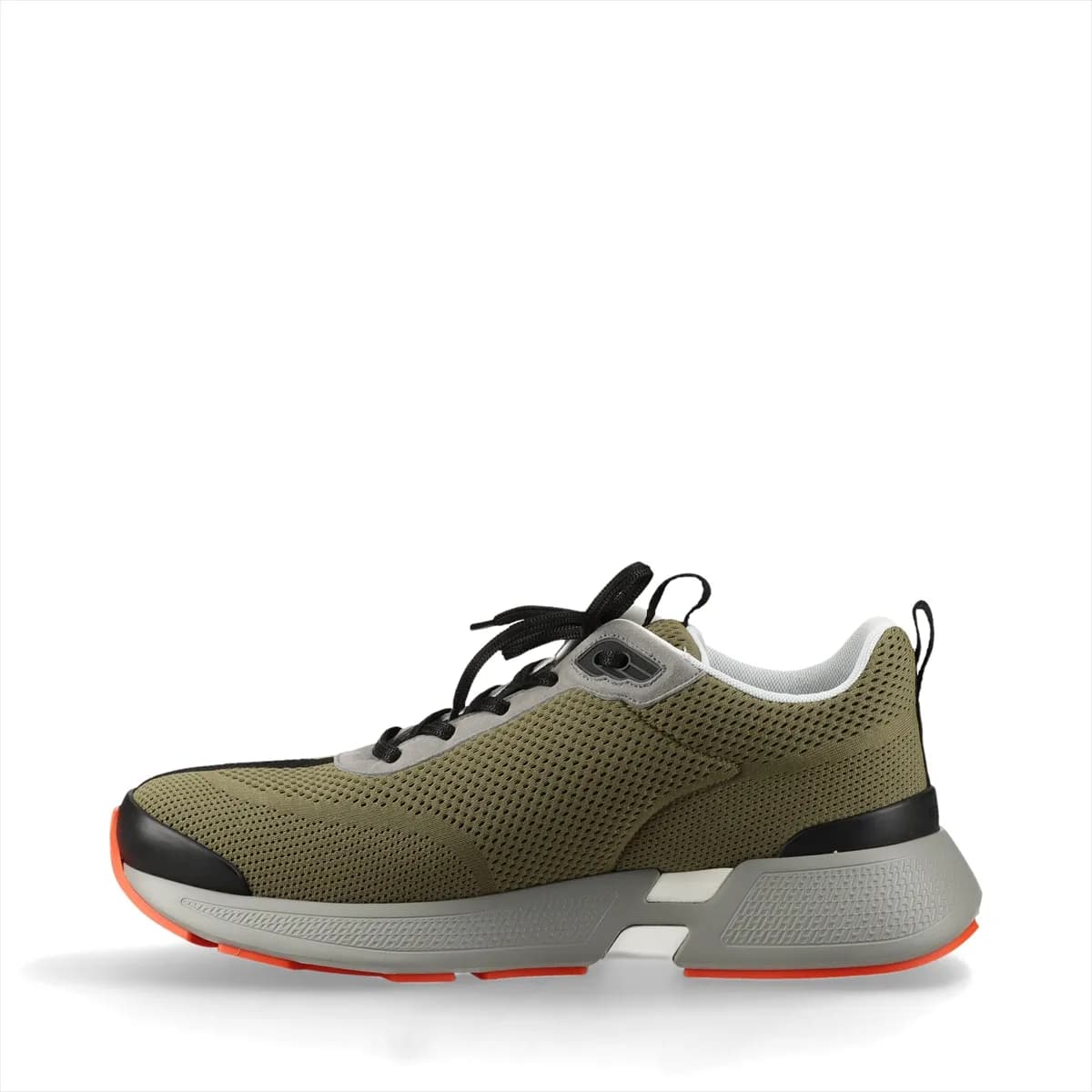 Pair of low-top knit and suede shoes in khaki and grey on a chunky white platform sole.