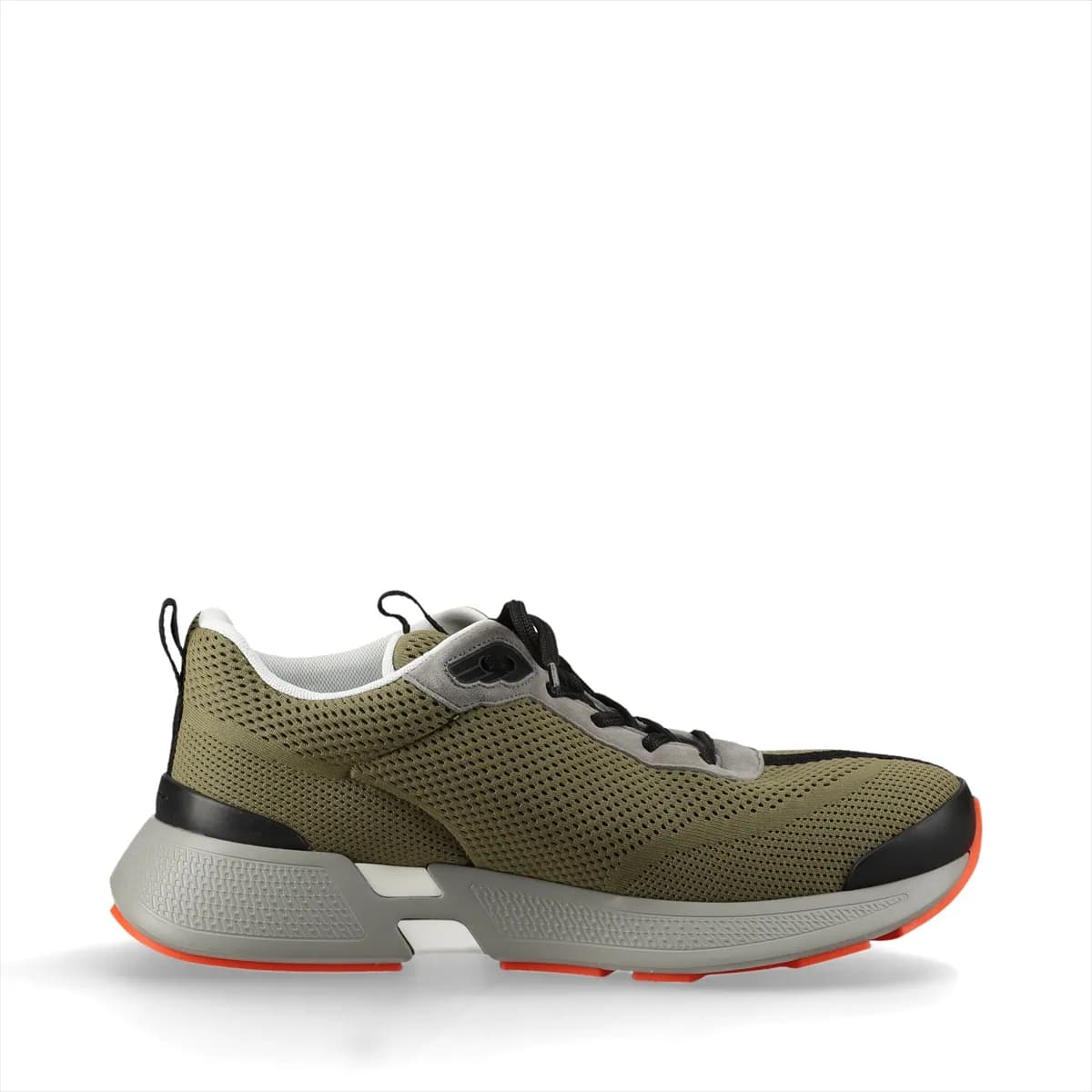 Pair of low-top knit and suede shoes in khaki and grey on a chunky white platform sole.
