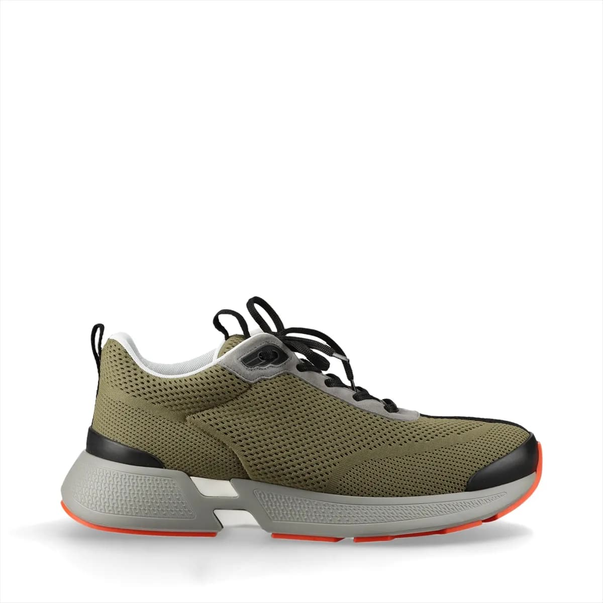 Pair of low-top knit and suede shoes in khaki and grey on a chunky white platform sole.