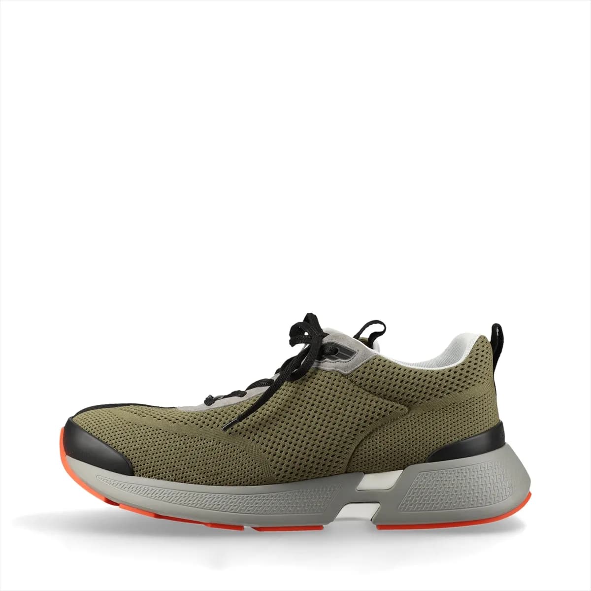 Pair of low-top knit and suede shoes in khaki and grey on a chunky white platform sole.