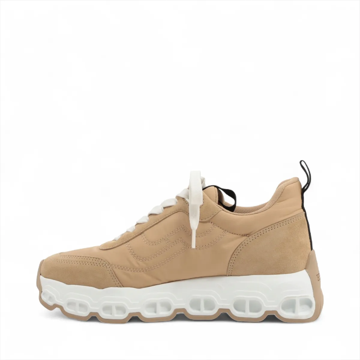 Beige suede and fabric trainer with a chunky white platform sole and chain-link motif
