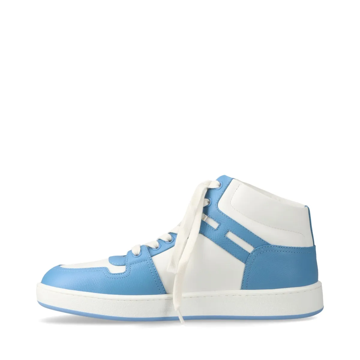 Light blue and white leather high-top sneakers with white soles.