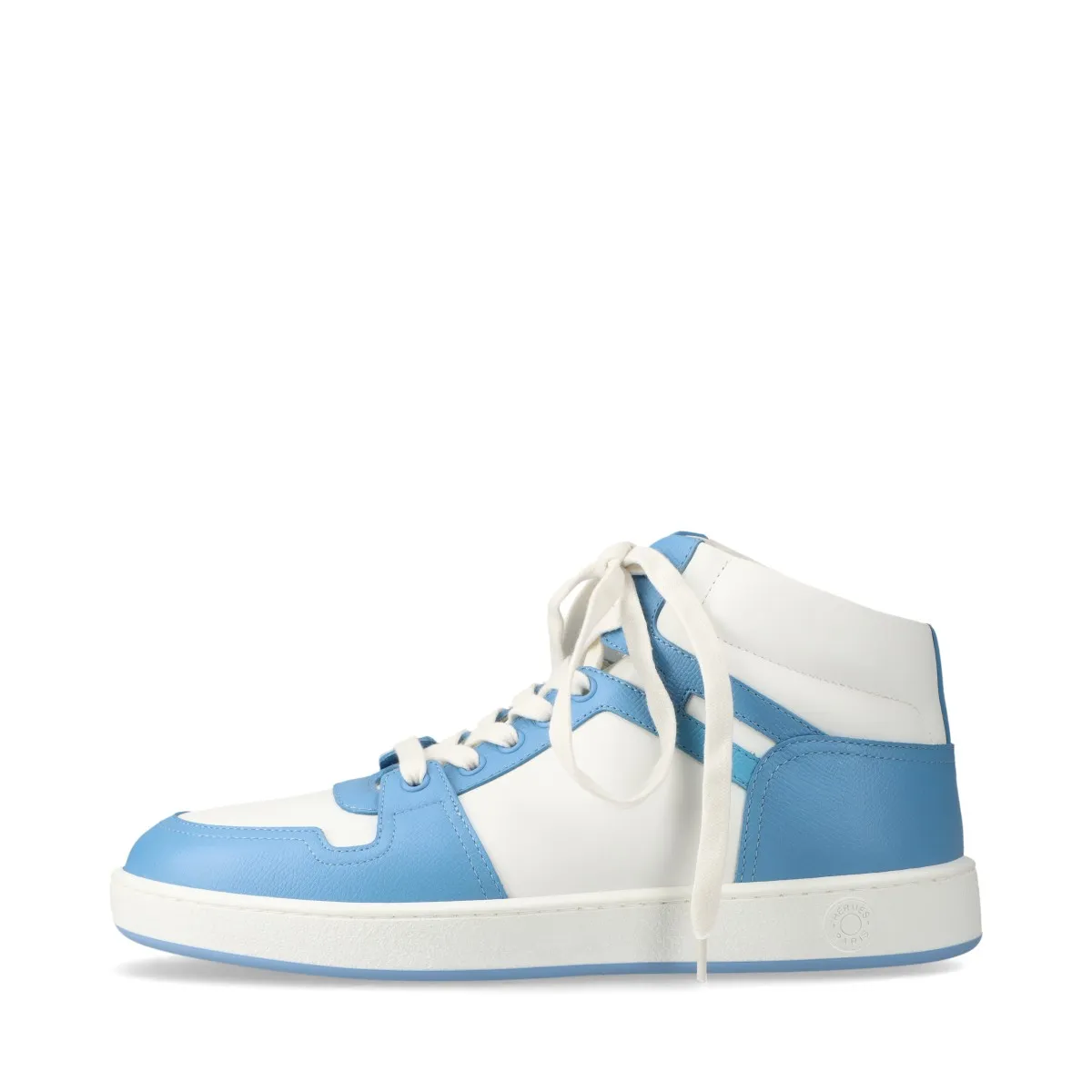 Light blue and white leather high-top sneakers with white soles.
