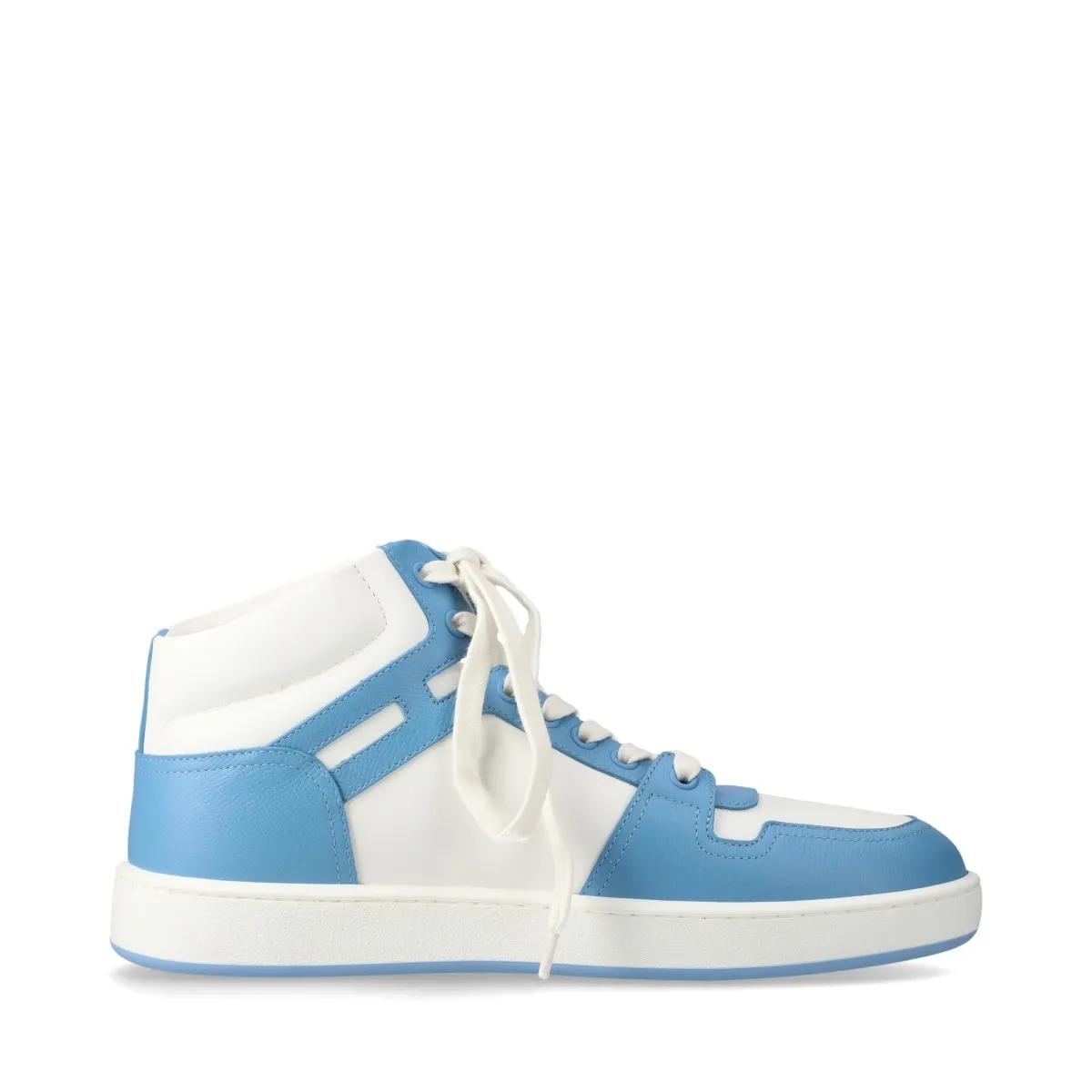 Light blue and white leather high-top sneakers with white soles.