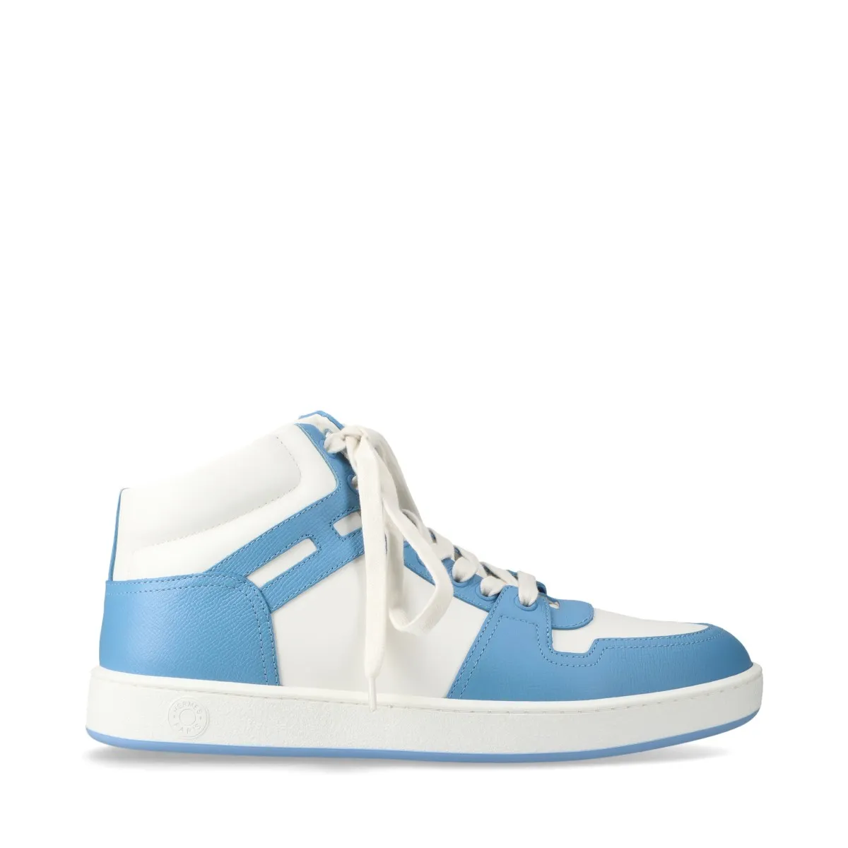 Light blue and white leather high-top sneakers with white soles.