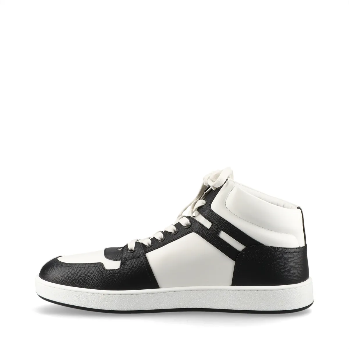 Black leather high-top sneaker with white sole and contrasting white detailing.