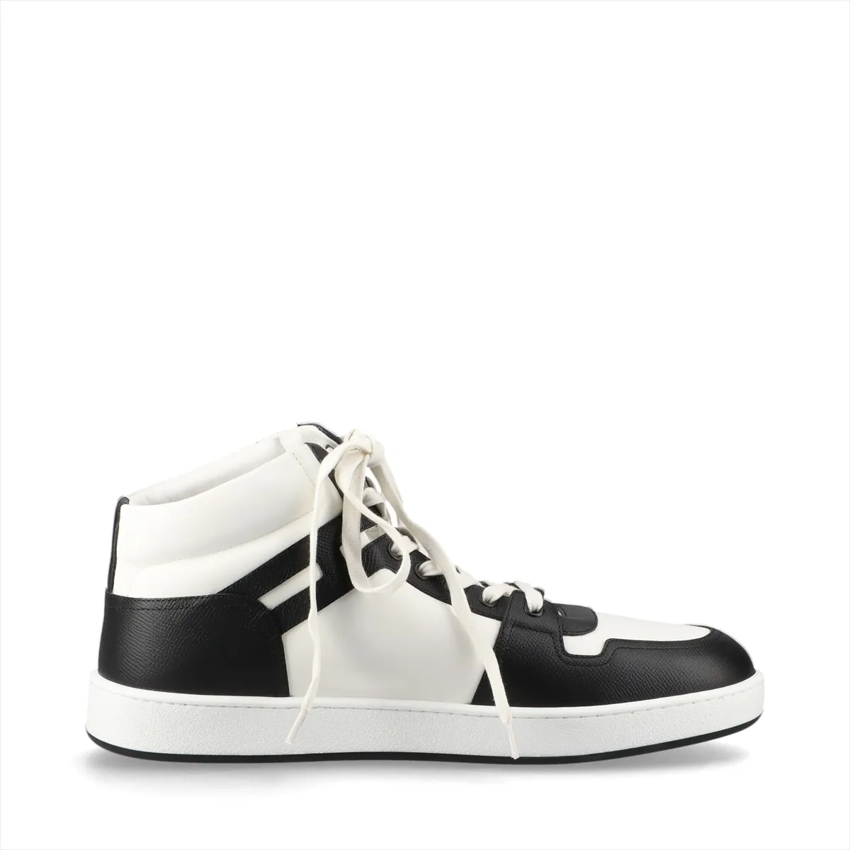 Black leather high-top sneaker with white sole and contrasting white detailing.