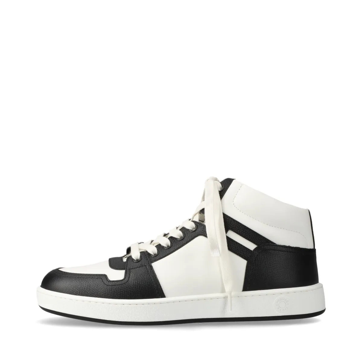 Pair of black leather high-top lace-up shoes with white soles and white trim, shown in profile.