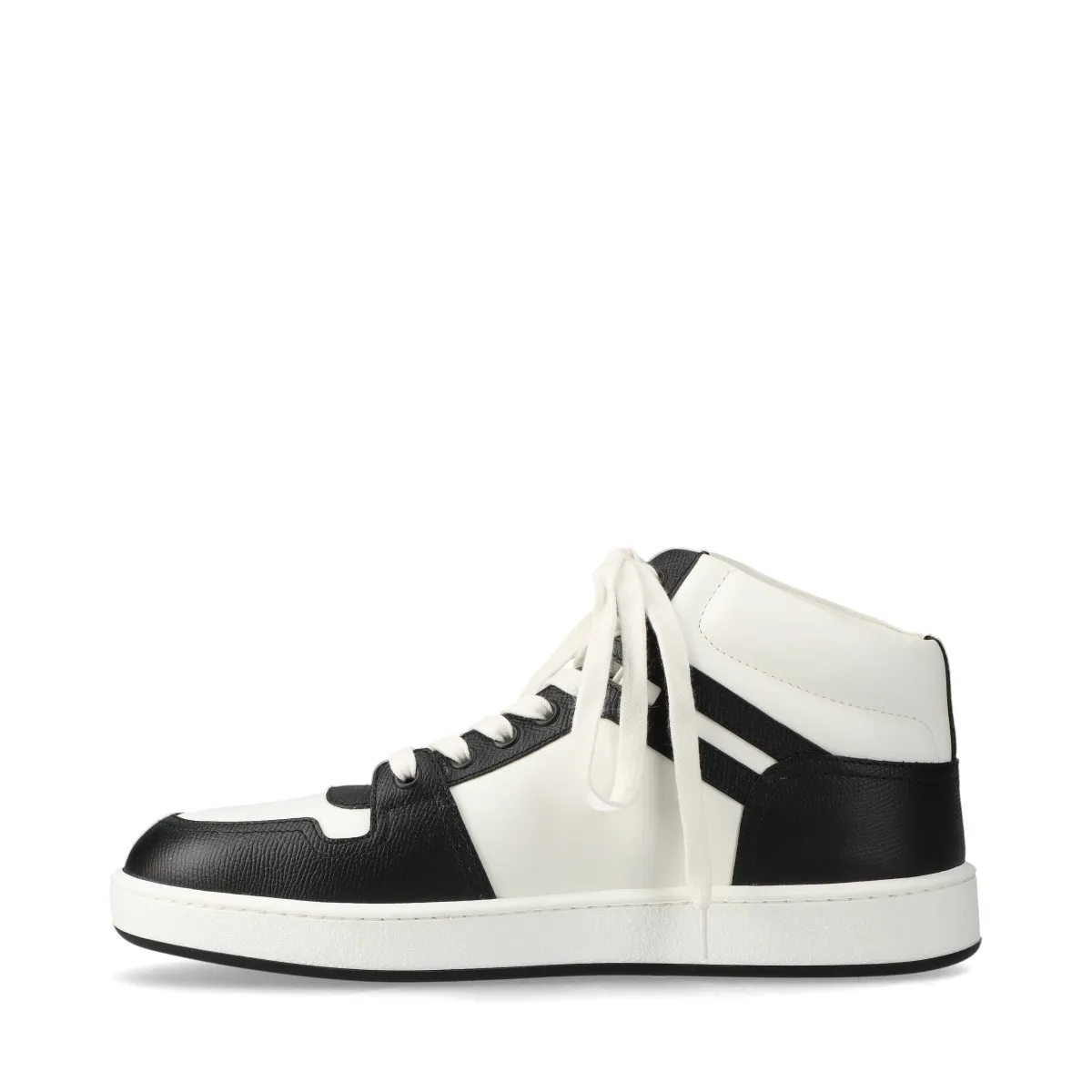 Pair of black leather high-top lace-up shoes with white soles and white trim, shown in profile.