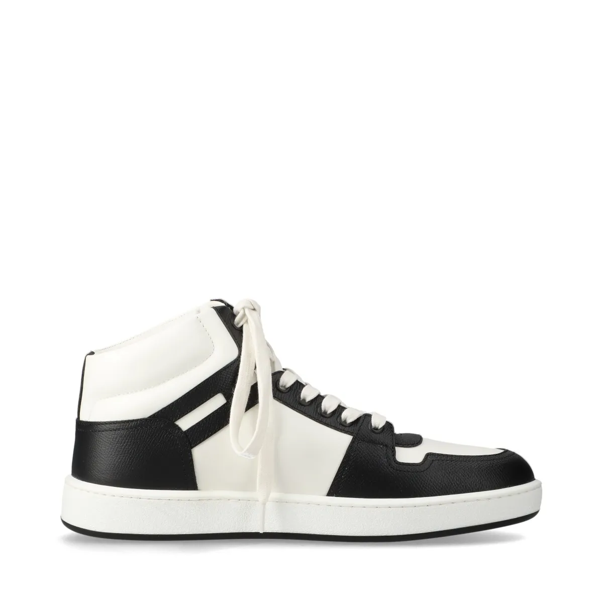 Pair of black leather high-top lace-up shoes with white soles and white trim, shown in profile.
