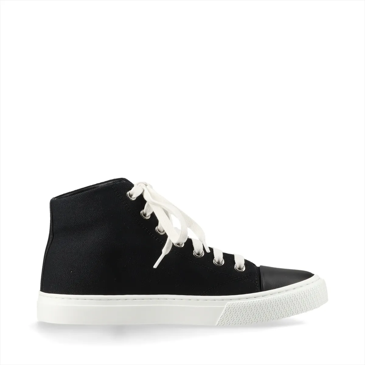 Black canvas high-top sneakers with leather trim and a woven logo patch