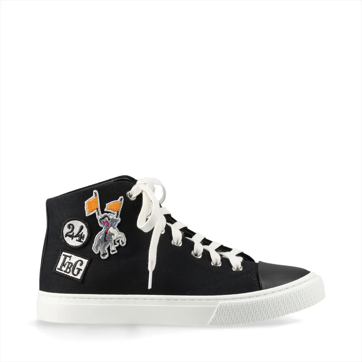 Black canvas high-top sneakers with leather trim and a woven logo patch