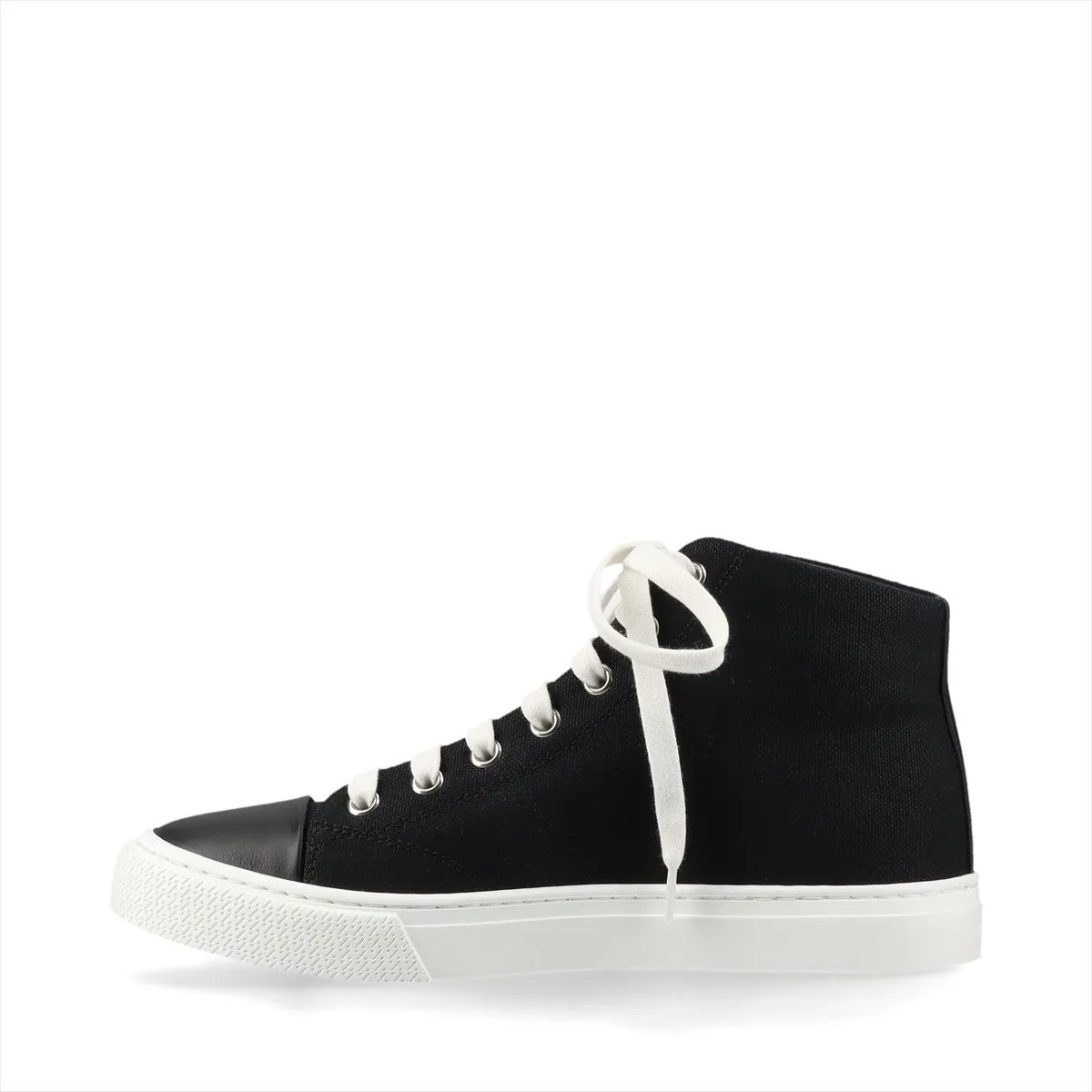 Black canvas high-top sneakers with leather trim and a woven logo patch
