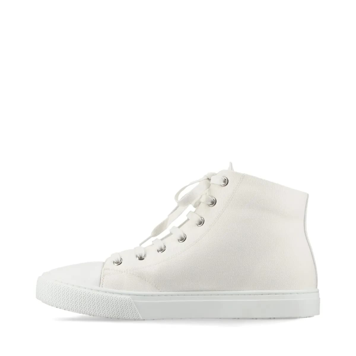Pair of white canvas and leather high-top sneakers with a logo patch