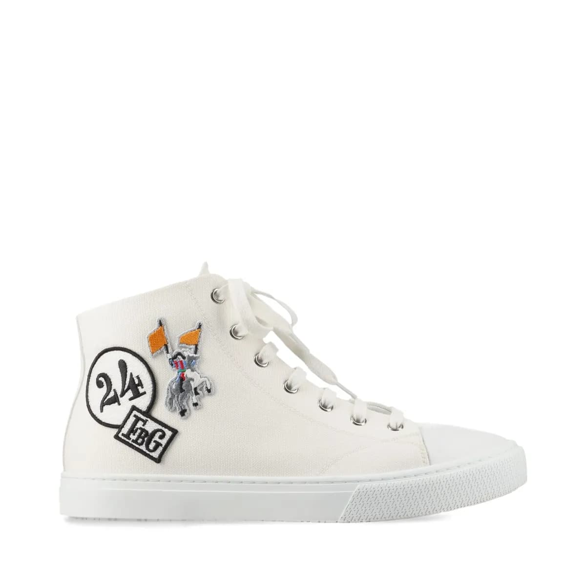 Pair of white canvas and leather high-top sneakers with a logo patch