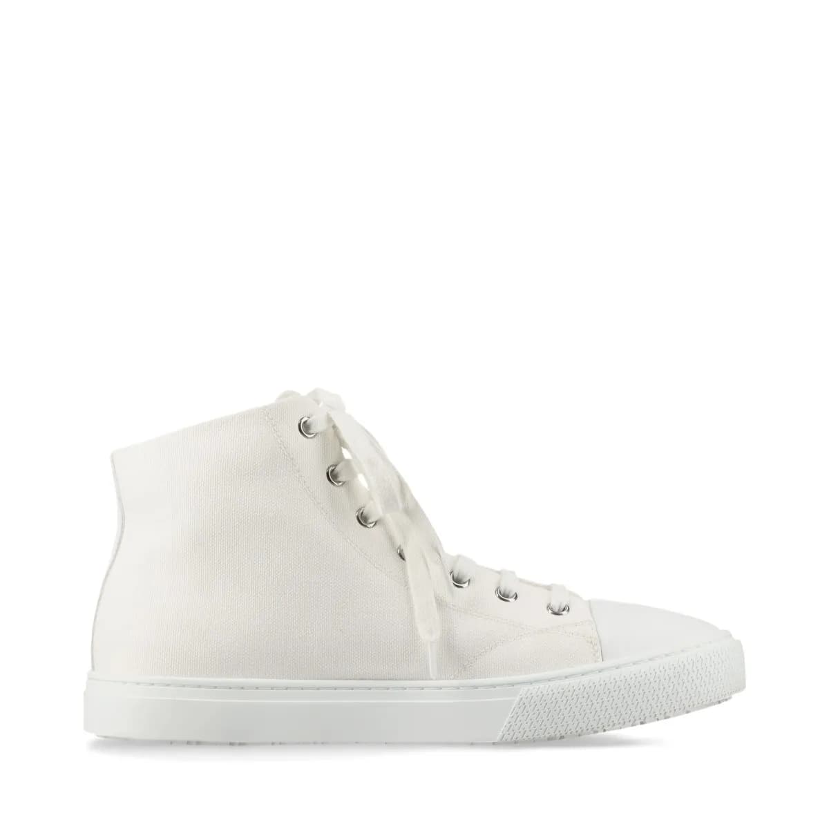 Pair of white canvas and leather high-top sneakers with a logo patch