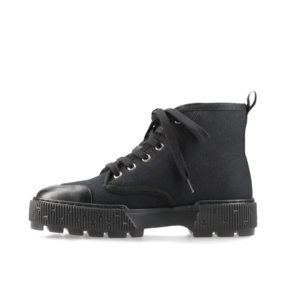 Black canvas and leather lace-up high-top footwear with a thick platform sole, shown from the side