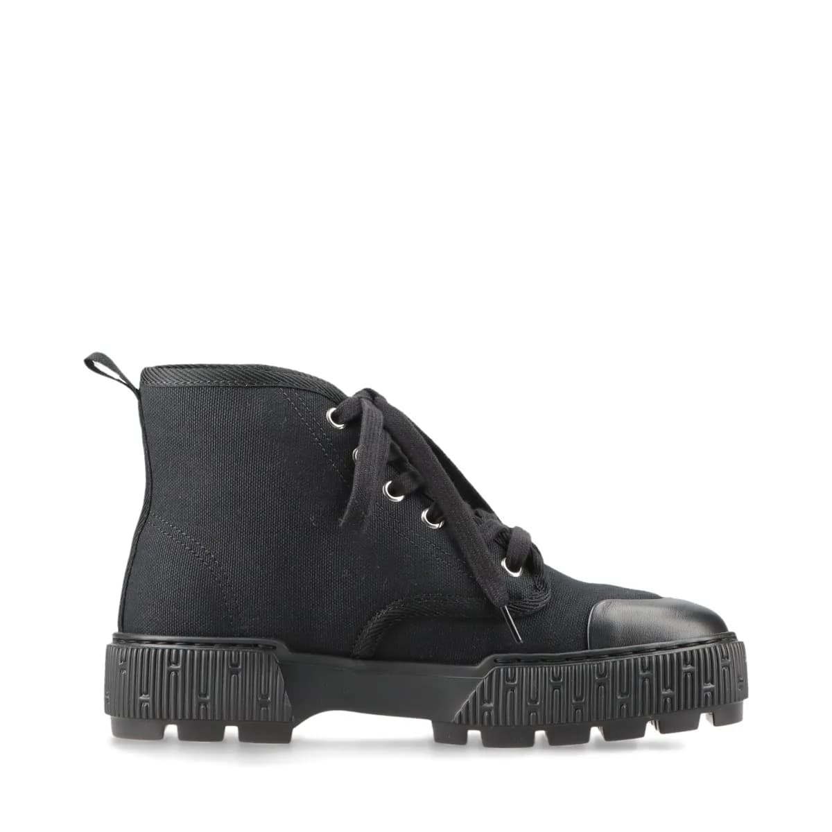 Black canvas and leather lace-up high-top footwear with a thick platform sole, shown from the side