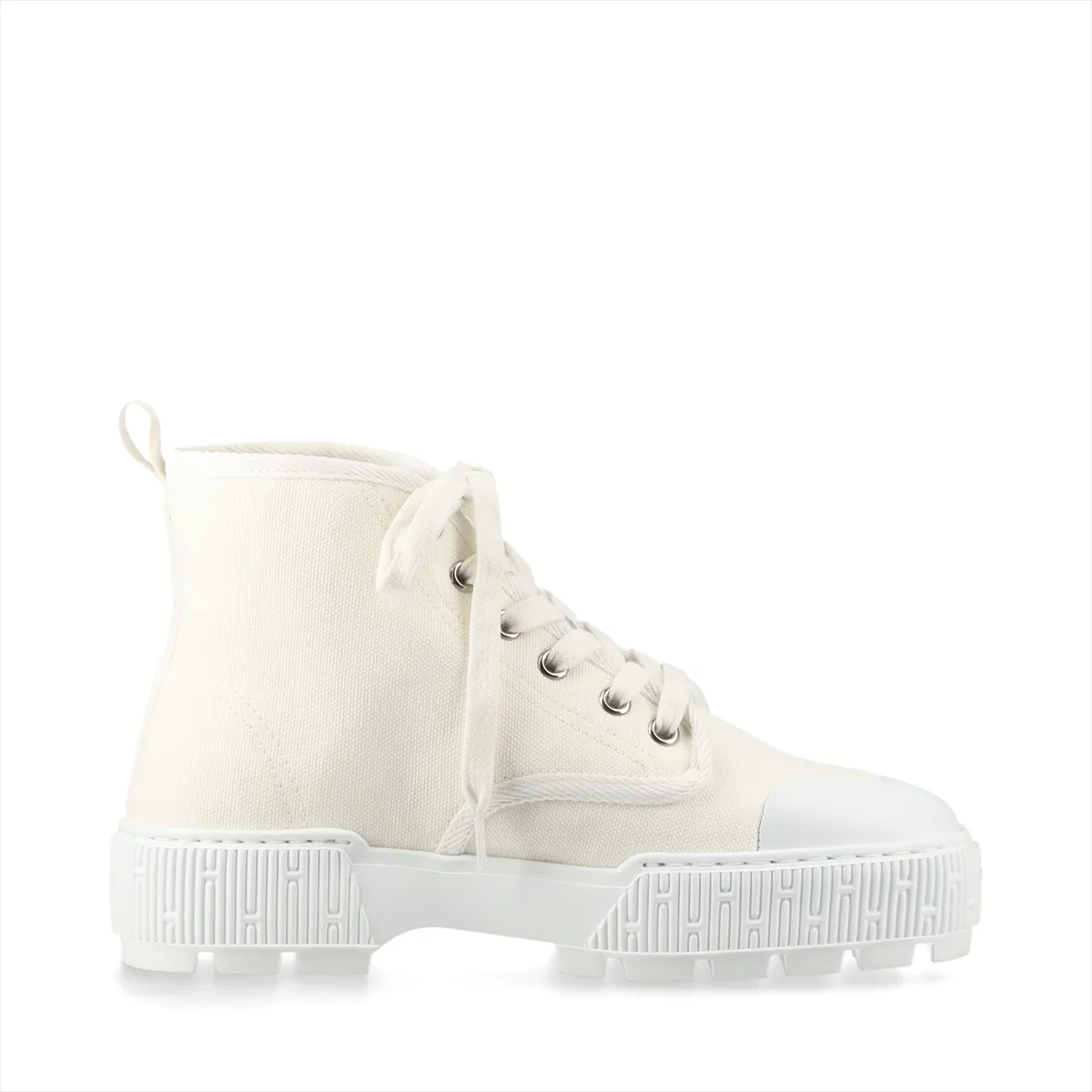 White high-top sneaker with canvas upper, leather trim and white rubber sole.