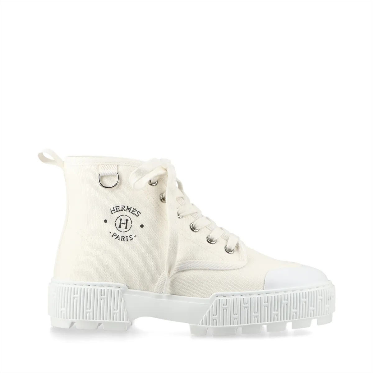 White high-top sneaker with canvas upper, leather trim and white rubber sole.