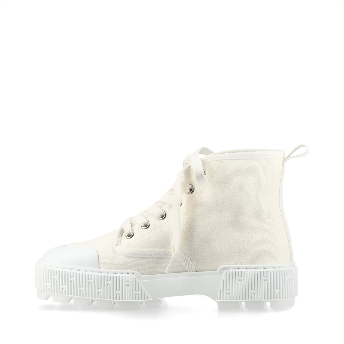 White high-top sneaker with canvas upper, leather trim and white rubber sole.